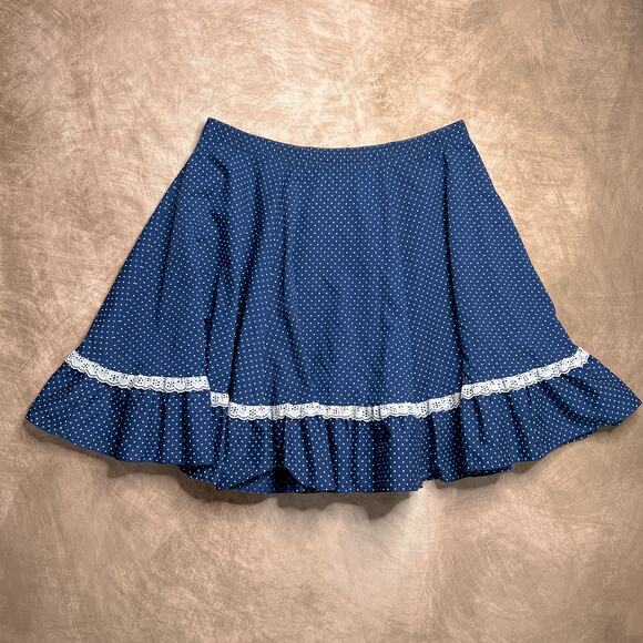 Vintage 70s Polka Dot Ruffled Midi Skirt Navy Blue Lace Western Cottagecore Boho - Picture 4 of 5